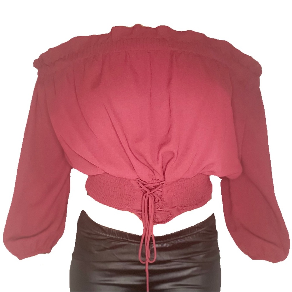 Burgundy Off the Shoulder Crop Blouse